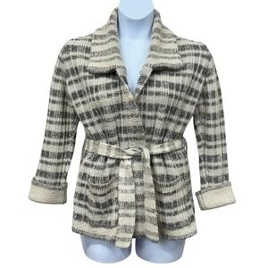 Vintage Sweater Girl Sweater Womens Large Gray White Plaid Belted‎ Cardigan 80s